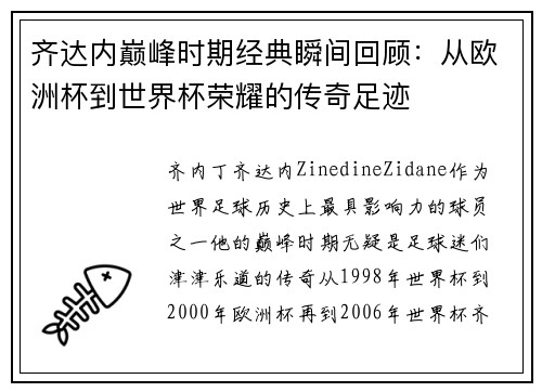 齐达内巅峰时期经典瞬间回顾：从欧洲杯到世界杯荣耀的传奇足迹
