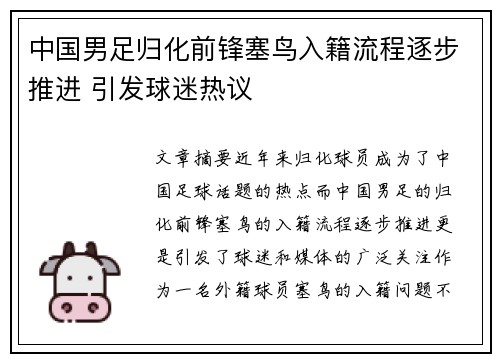 中国男足归化前锋塞鸟入籍流程逐步推进 引发球迷热议